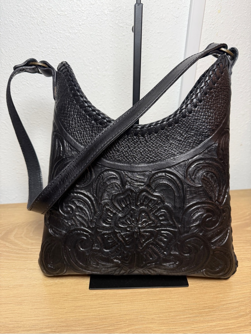 Hand-Tooled Floral Black Leather Hobo Bag - Picture 2 of 7